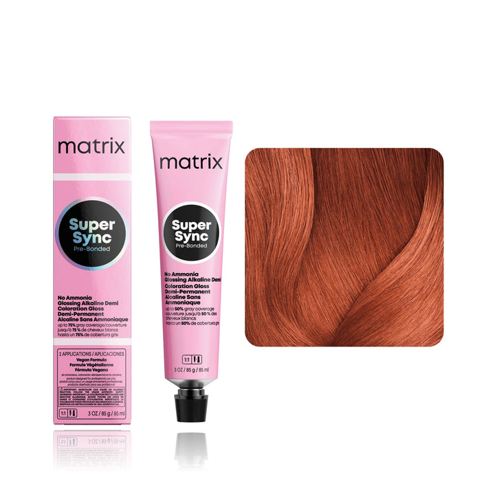 Matrix Super Sync Pre-Bonded 6RC+ (Light Brown Red Copper+) demi-permanent hair color tube, box and hair swatch