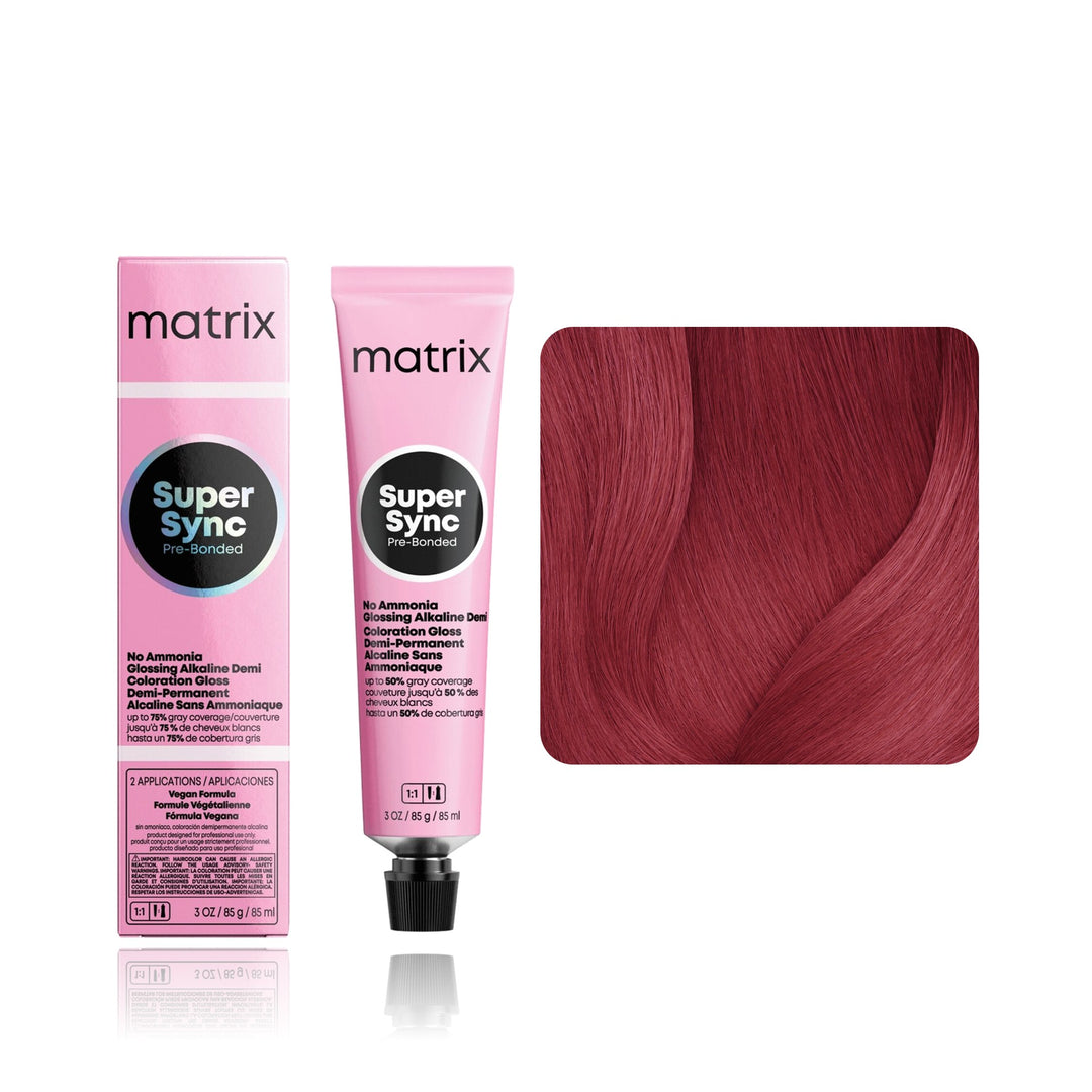 Matrix Super Sync Pre-Bonded 6RV+ (Light Brown Red Violet+) demi-permanent hair color tube, box and hair swatch