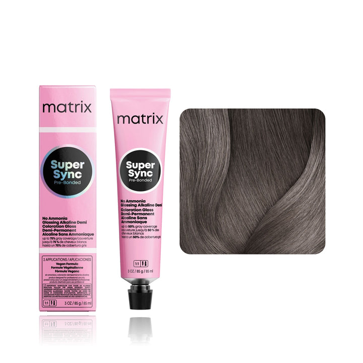 Matrix Super Sync Pre-Bonded 6T (Light Brown Titanium) demi-permanent hair color tube, box and hair swatch
