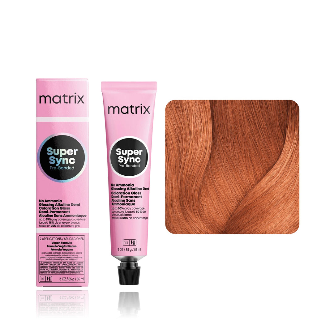 Matrix Super Sync Pre-Bonded 7CC+ (Dark Blonde Copper Copper+) demi-permanent hair color tube, box and hair swatch