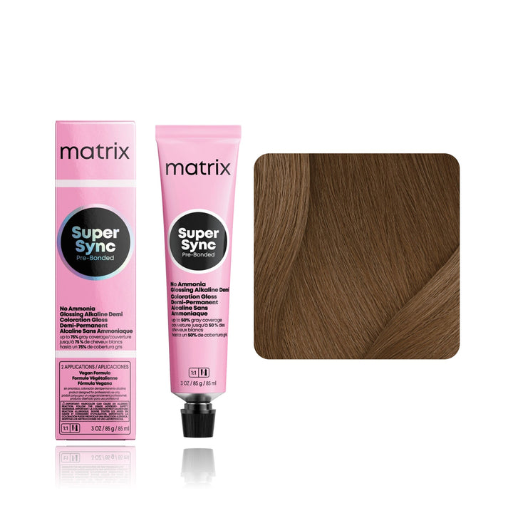 Matrix Super Sync Pre-Bonded 7N (Dark Blonde Neutral) demi-permanent hair color tube, box and hair swatch