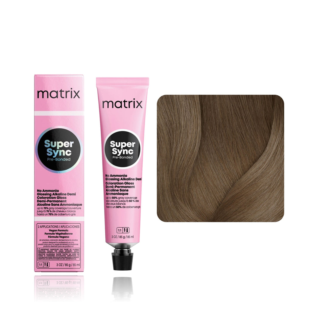 Matrix Super Sync Pre-Bonded 7NA (Dark Blonde Neutral Ash) demi-permanent hair color tube, box and hair swatch