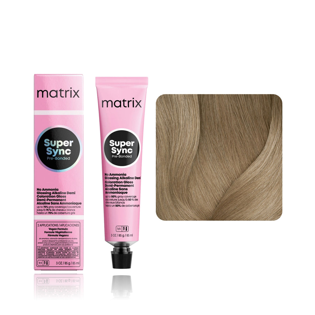 Matrix Super Sync Pre-Bonded 8A (Medium Blonde Ash) demi-permanent hair color tube, box and hair swatch