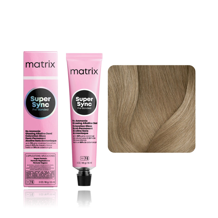 Matrix Super Sync Pre-Bonded 8A (Medium Blonde Ash) demi-permanent hair color tube, box and hair swatch