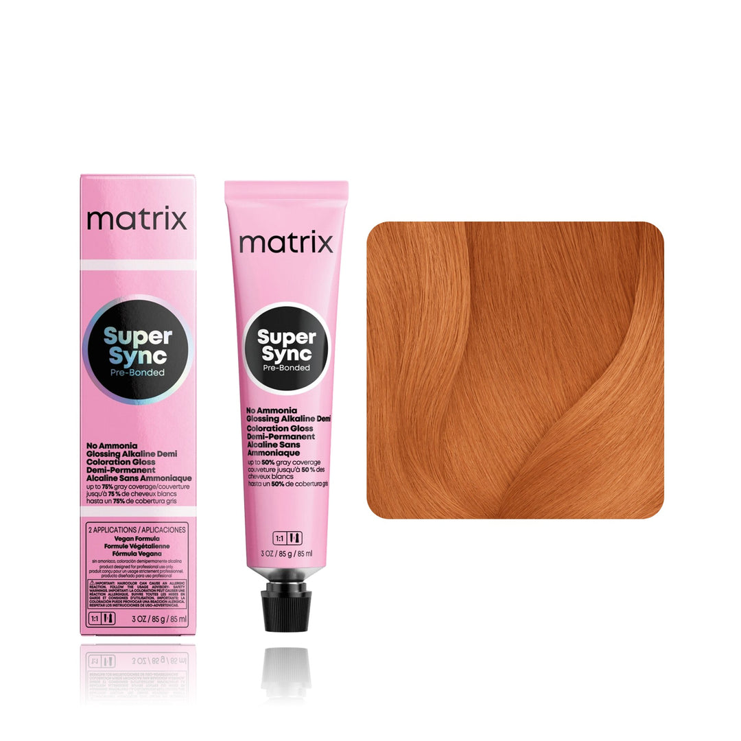 Matrix Super Sync Pre-Bonded 8CG (Medium Blonde Copper Gold) demi-permanent hair color tube, box and hair swatch