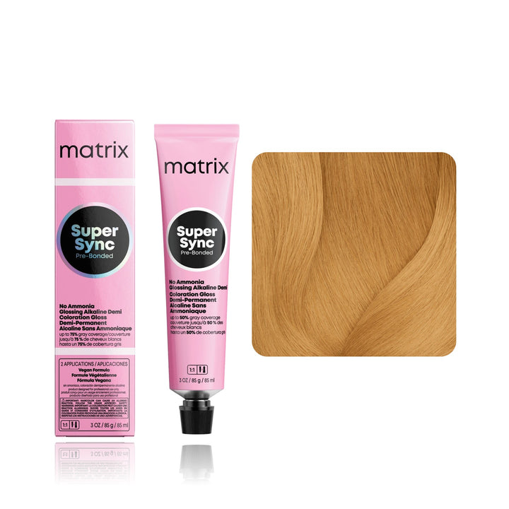 Matrix Super Sync Pre-Bonded 8G (Medium Blonde Gold) demi-permanent hair color tube, box and hair swatch