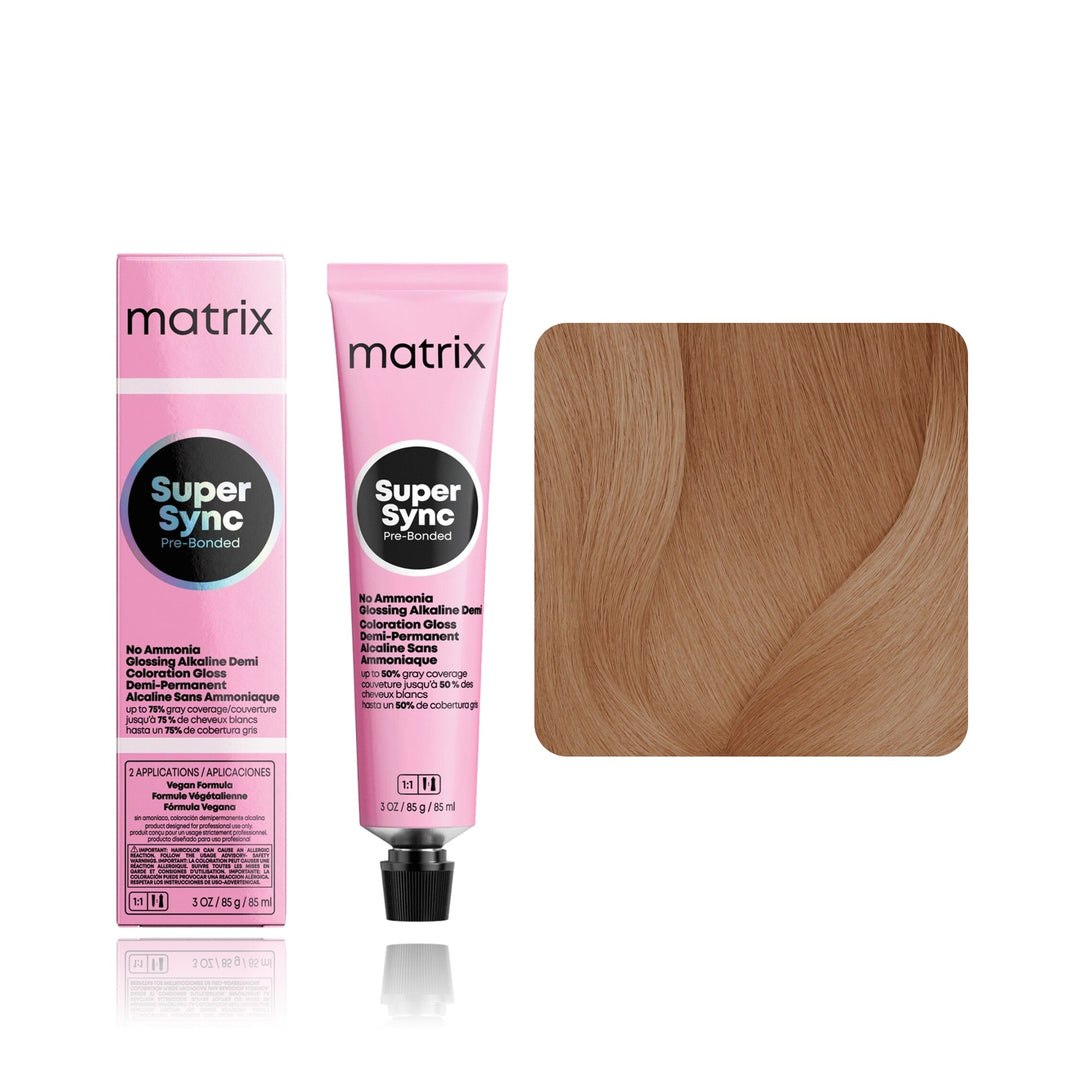 Matrix Super Sync Pre-Bonded 8GV (Medium Blonde Gold Violet) demi-permanent hair color tube, box and hair swatch