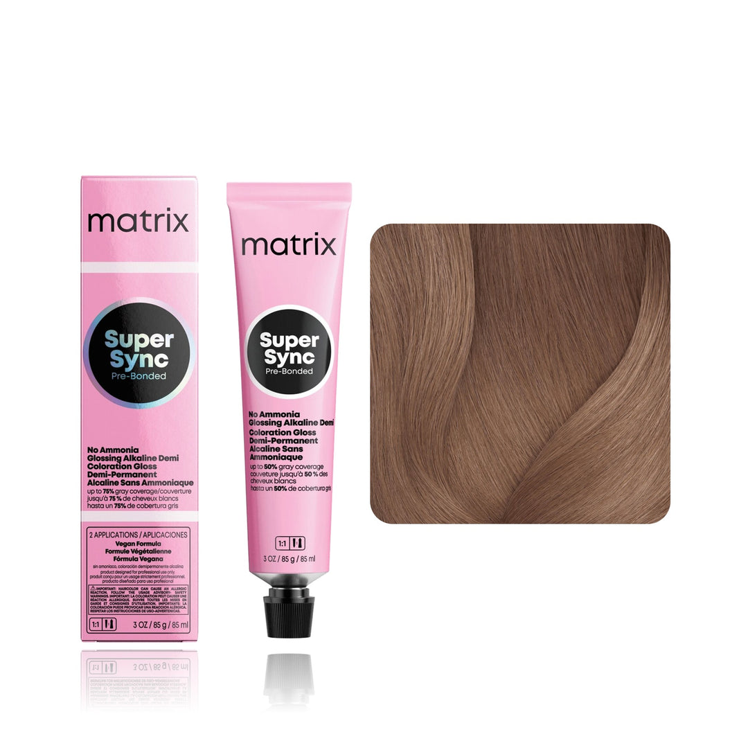 Matrix Super Sync Pre-Bonded 8M (Medium Blonde Mocha) demi-permanent hair color tube, box and hair swatch