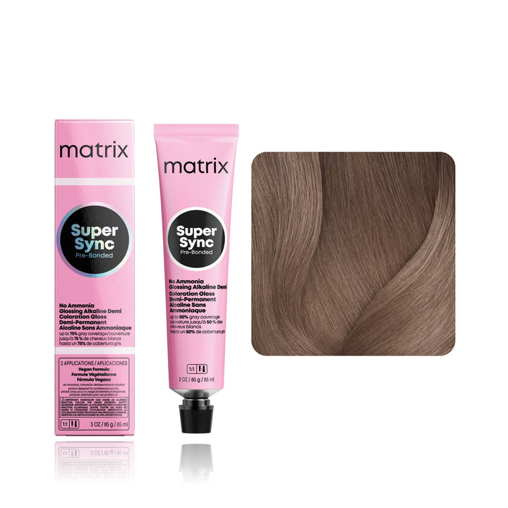 Matrix Super Sync Pre-Bonded 8NN (Medium Blonde Neutral Neutral) demi-permanent hair color tube, box and hair swatch