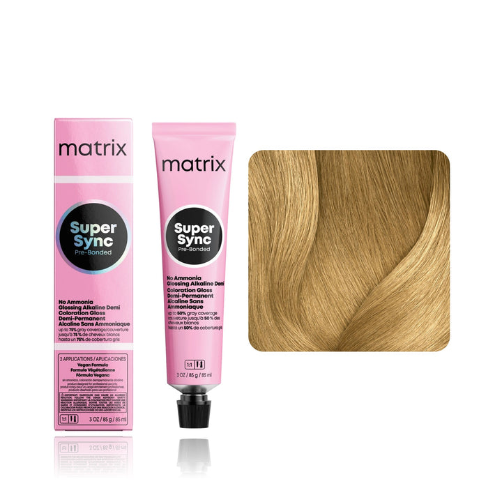Matrix Super Sync Pre-Bonded 8NNG (Medium Blonde Neutral Neutral Gold) demi-permanent hair color tube, box and hair swatch