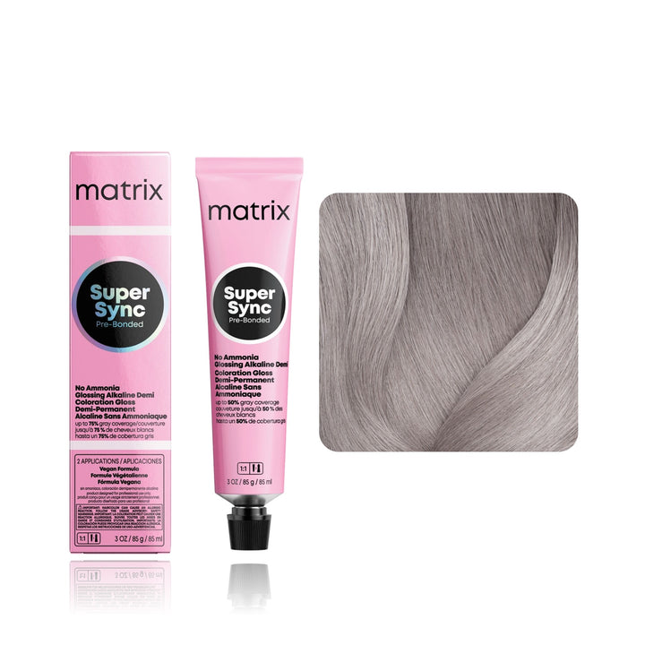 Matrix Super Sync Pre-Bonded 8P (Medium Blonde Pearl) demi-permanent hair color tube, box and hair swatch