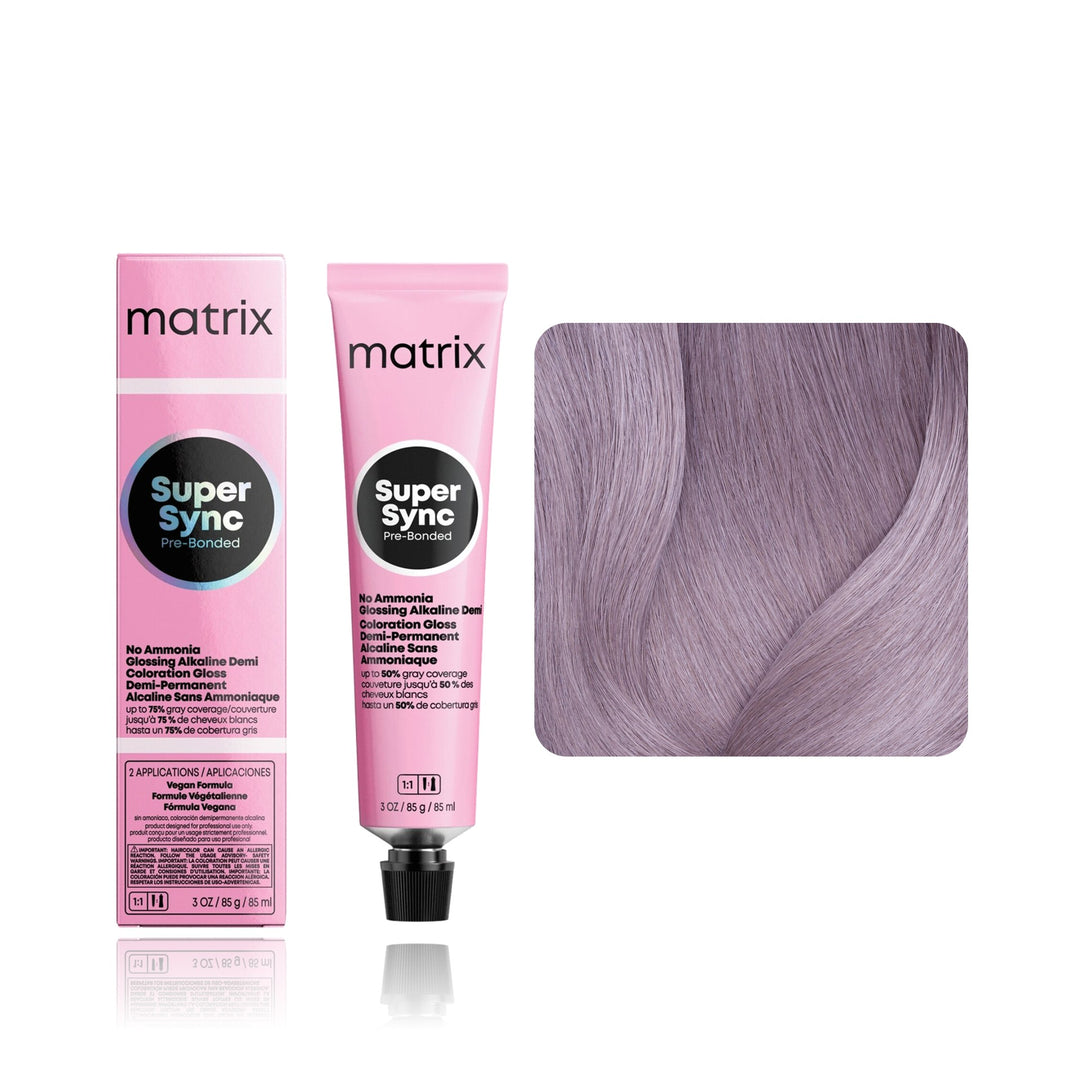 Matrix Super Sync Pre-Bonded 8V (Medium Blonde Violet) demi-permanent hair color tube, box and hair swatch
