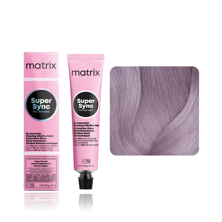 Matrix Super Sync Pre-Bonded 8V (Medium Blonde Violet) demi-permanent hair color tube, box and hair swatch