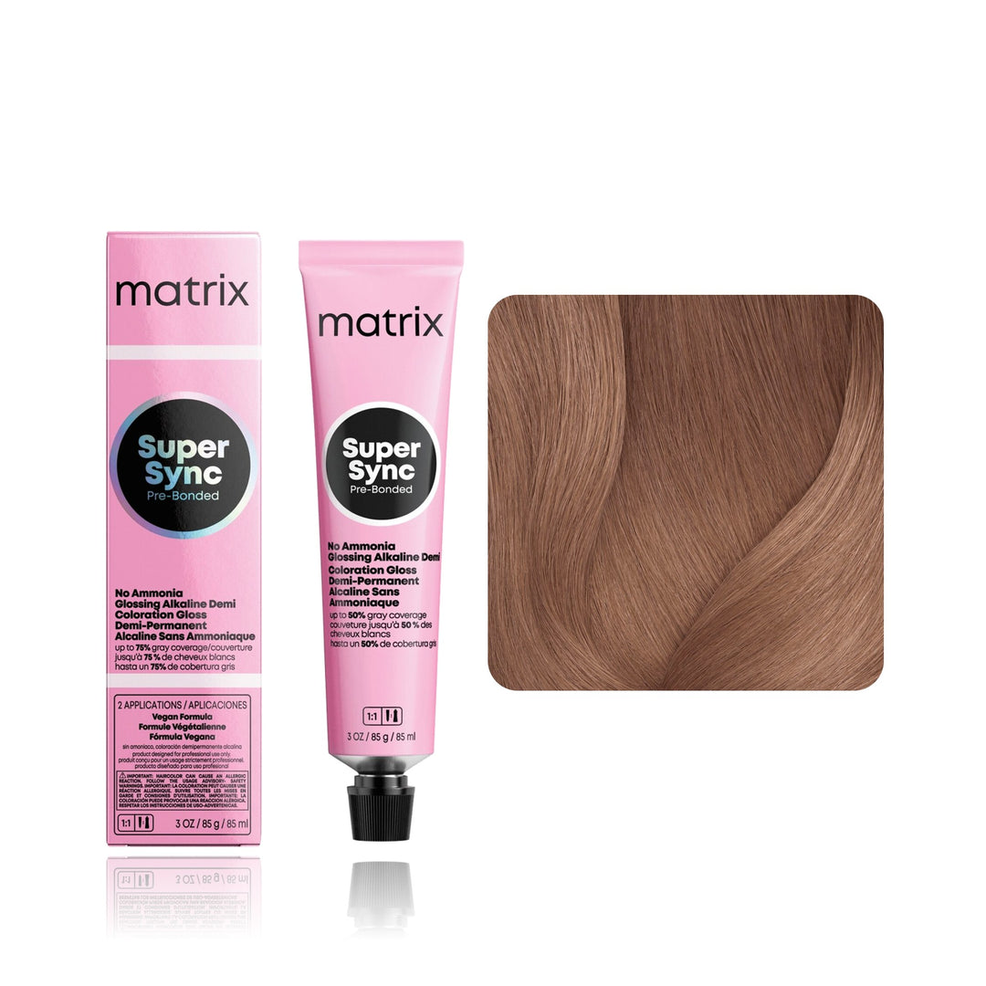 Matrix Super Sync Pre-Bonded 8VG (Medium Blonde Violet Gold) demi-permanent hair color tube, box and hair swatch