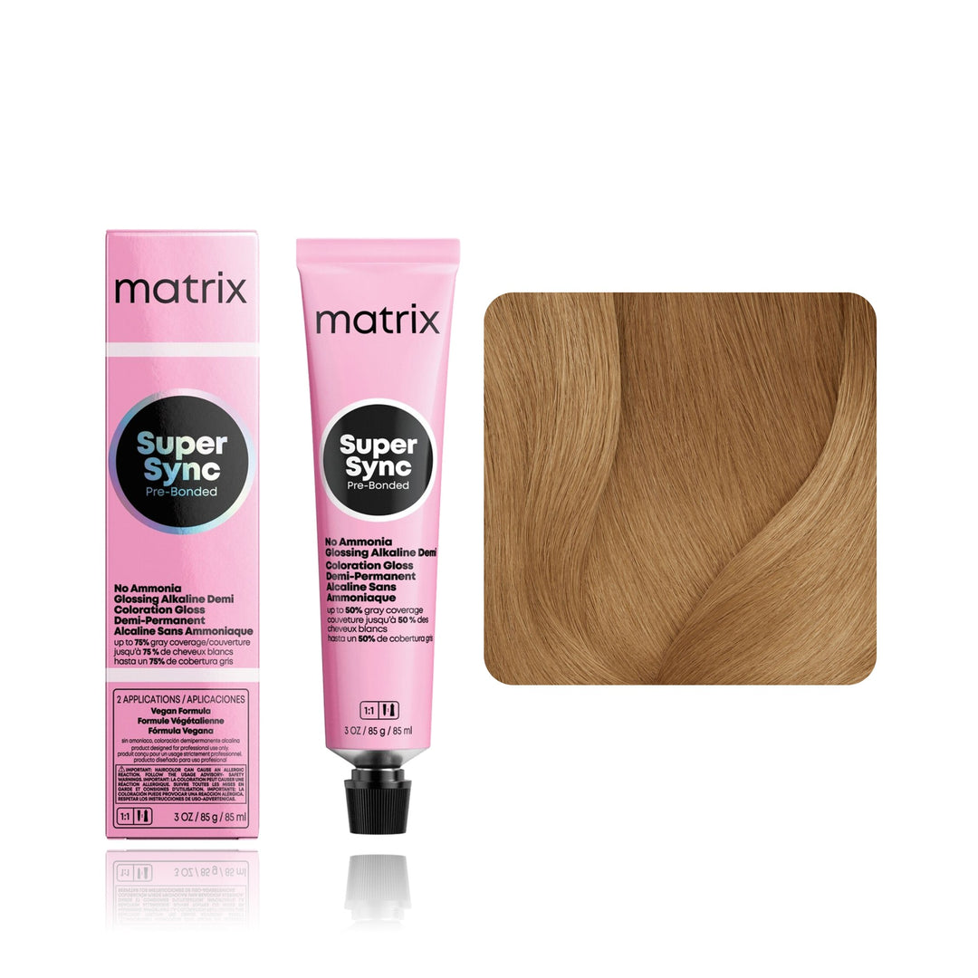Matrix Super Sync Pre-Bonded 8WN (Medium Blonde Warm Neutral) demi-permanent hair color tube, box and hair swatch