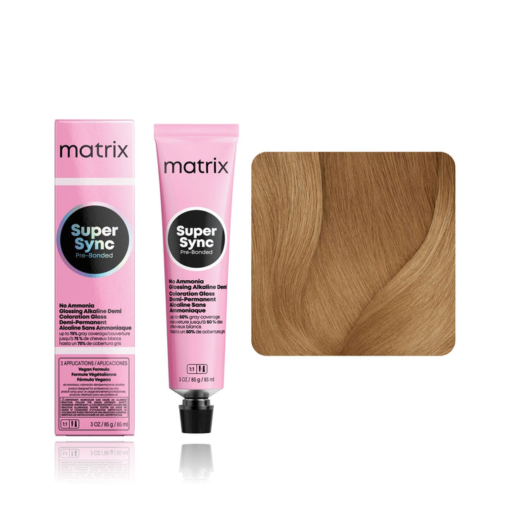 Matrix Super Sync Pre-Bonded 8WN (Medium Blonde Warm Neutral) demi-permanent hair color tube, box and hair swatch