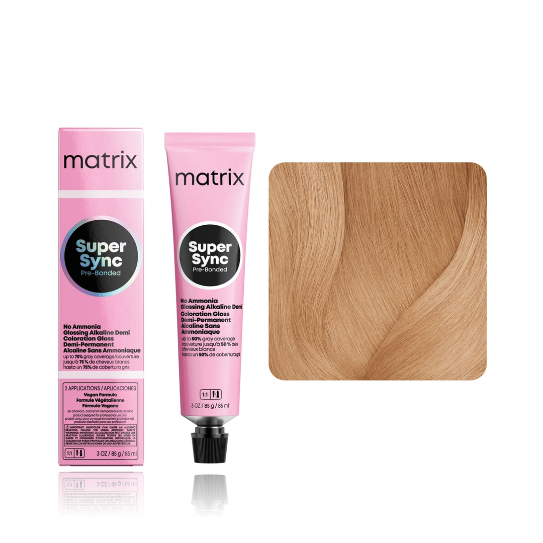 Matrix Super Sync Pre-Bonded 9GV (Light Blonde Gold Violet) demi-permanent hair color tube, box and hair swatch