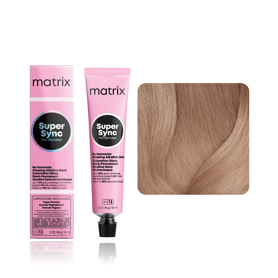 Matrix Super Sync Pre-Bonded 9MM (Light Blonde Mocha Mocha) demi-permanent hair color tube, box and hair swatch