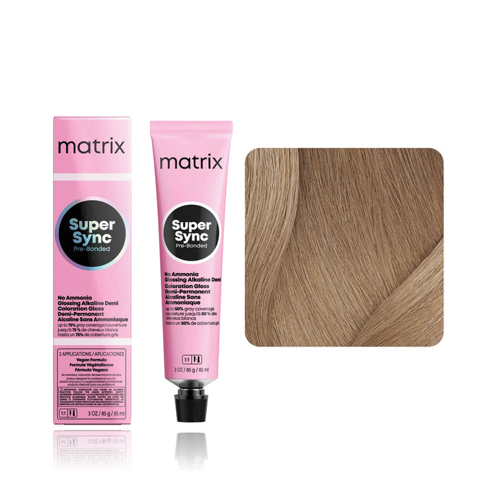 Matrix Super Sync Pre-Bonded 9N (Light Blonde Neutral) demi-permanent hair color tube, box and hair swatch