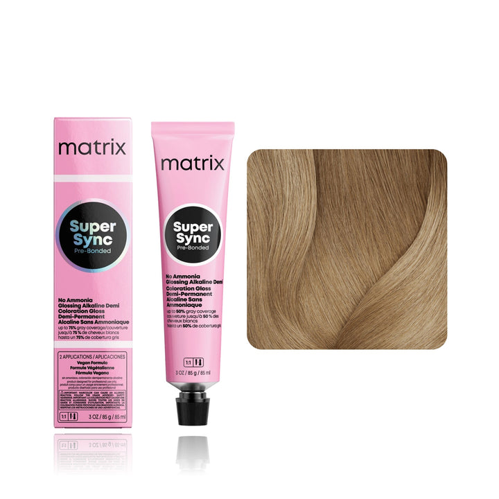 Matrix Super Sync Pre-Bonded 9NA (Light Blonde Neutral Ash) demi-permanent hair color tube, box and hair swatch