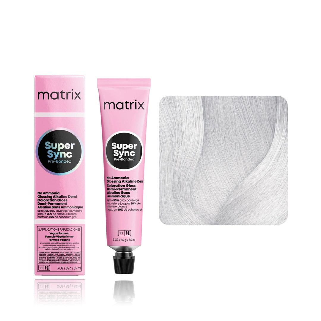 Matrix Super Sync Pre-Bonded Clear demi-permanent hair color tube, box and hair swatch