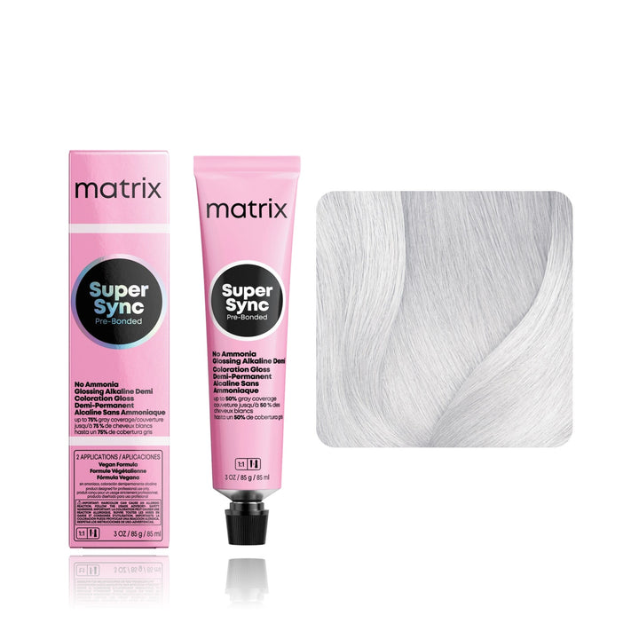 Matrix Super Sync Pre-Bonded Clear demi-permanent hair color tube, box and hair swatch