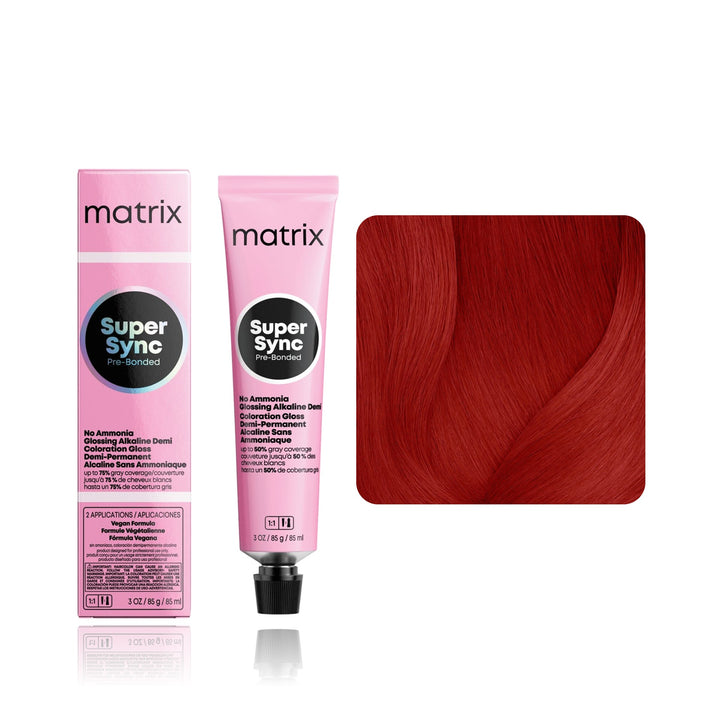 Matrix Super Sync Pre-Bonded HD-RR (High Definition Red Red) demi-permanent hair color tube, box and hair swatch