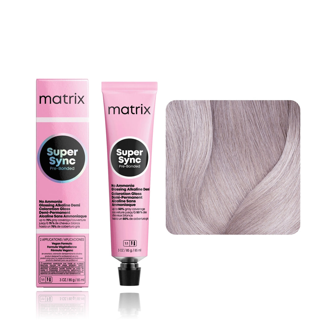 Matrix Super Sync Pre-Bonded SP-A (Sheer Pastel Ash) demi-permanent hair color tube, box and hair swatch