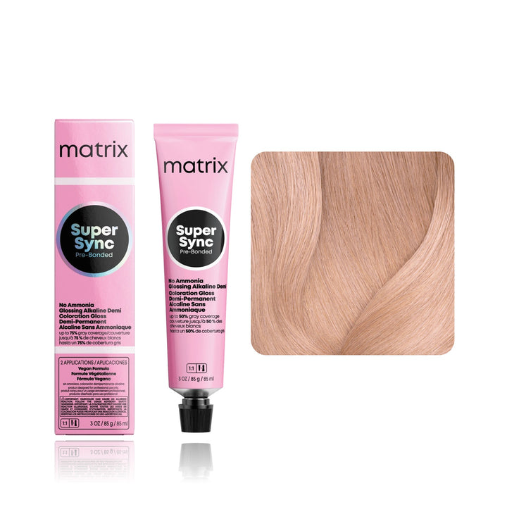 Matrix Super Sync Pre-Bonded SP-M (Sheer Pastel Mocha) demi-permanent hair color tube, box and hair swatch