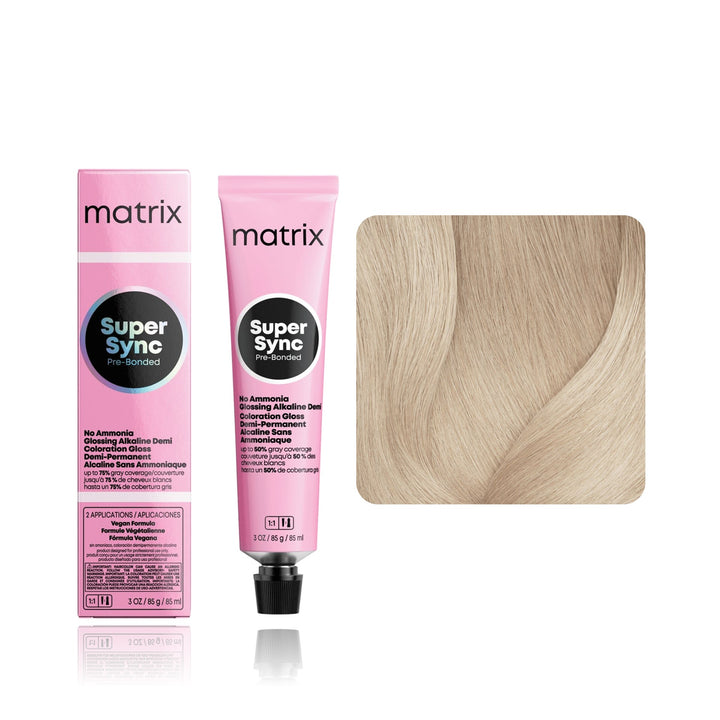 Matrix Super Sync Pre-Bonded SP-N (Sheer Pastel Neutral) demi-permanent hair color tube, box and hair swatch