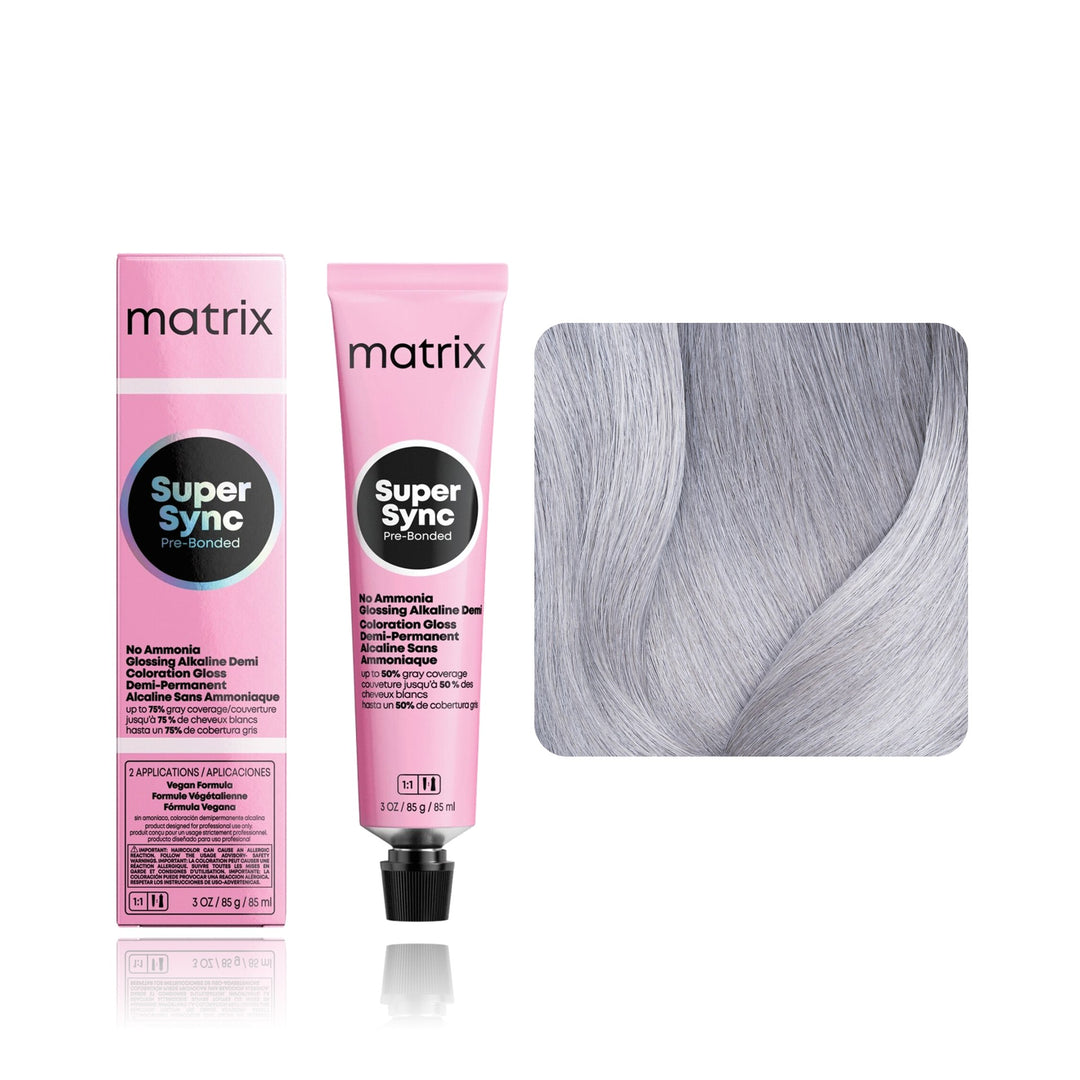 Matrix Super Sync Pre-Bonded SP-P (Sheer Pastel Pearl) demi-permanent hair color tube, box and hair swatch