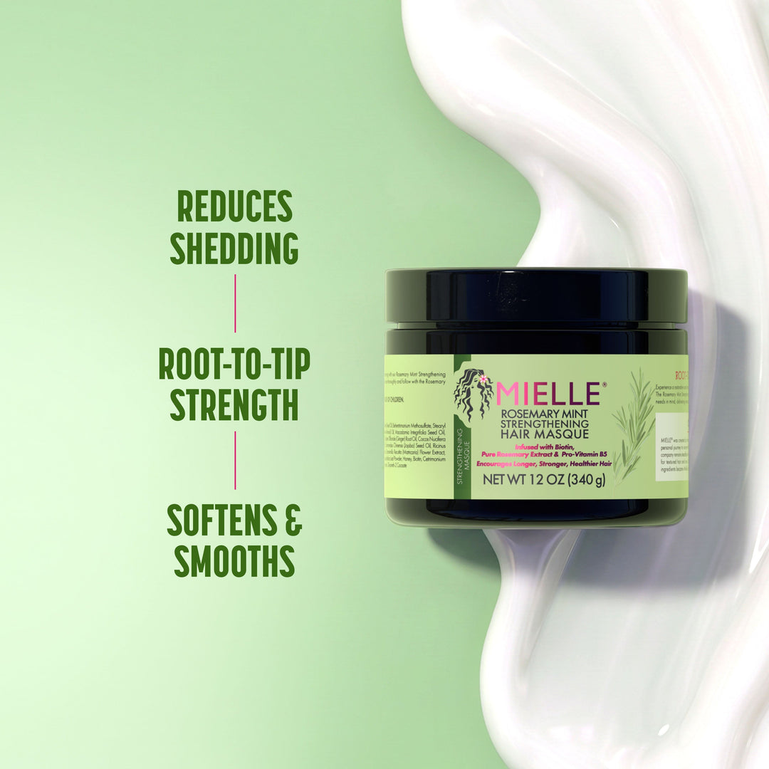Mielle Rosemary Mint Strengthening Hair Masque - benefits: reduces shedding, root-to-tip strength, softens and smooths