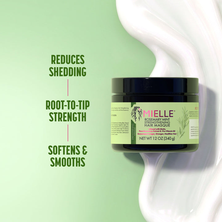 Mielle Rosemary Mint Strengthening Hair Masque - benefits: reduces shedding, root-to-tip strength, softens and smooths
