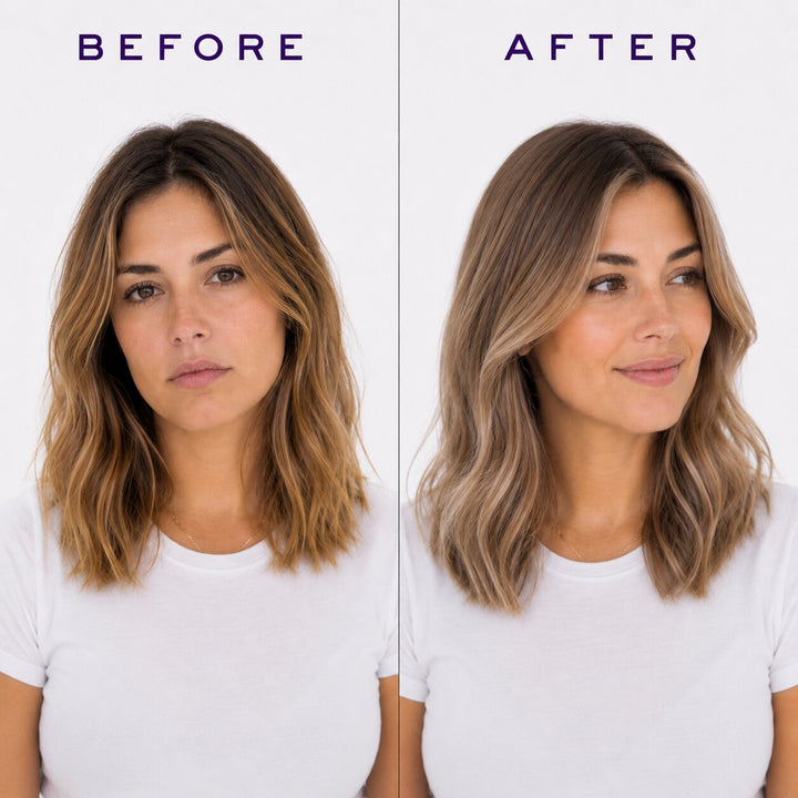Oligo Blacklight Blue Shampoo - before and after on brassy hair