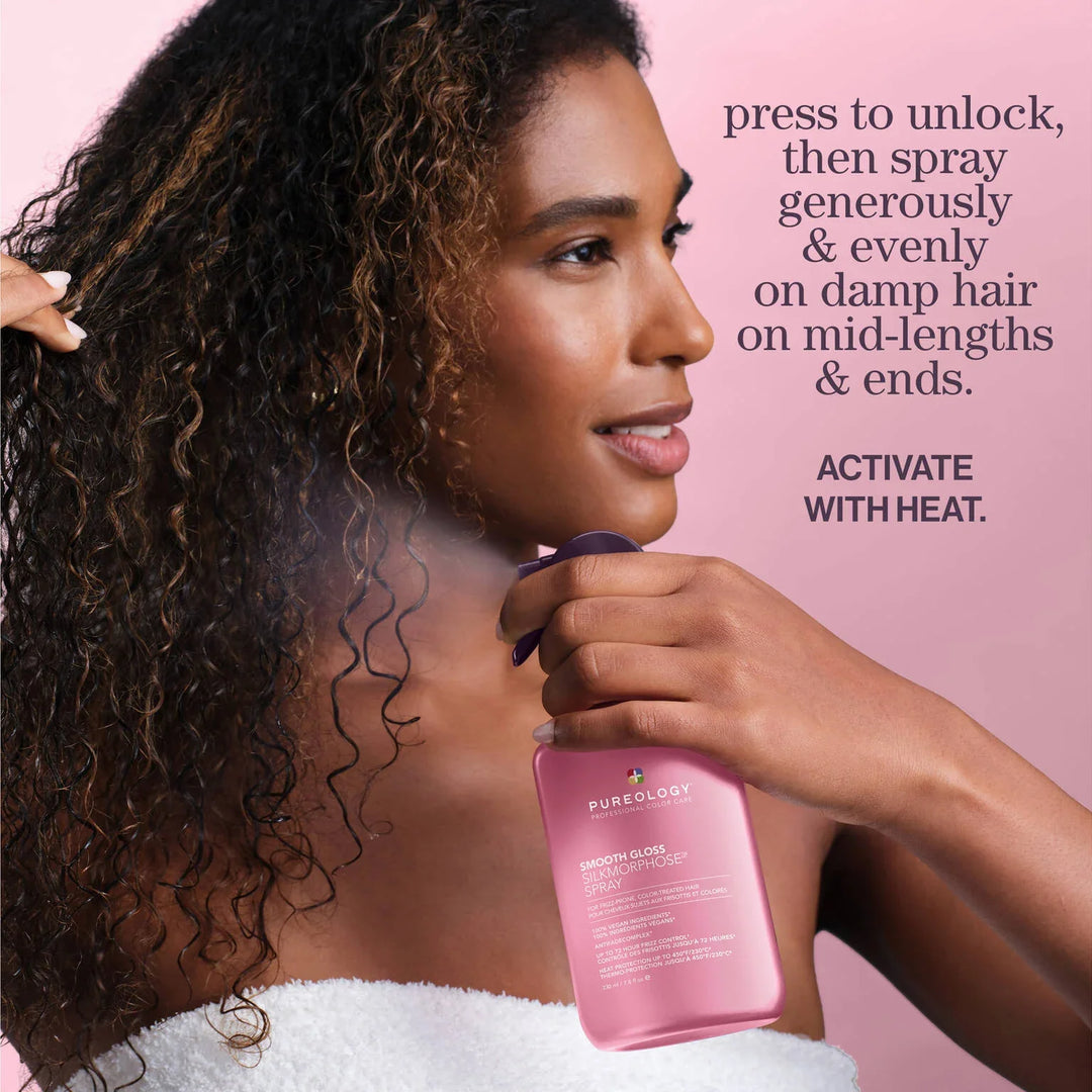 Pureology Smooth Gloss Silkmorphose Spray - spraying mid-lengths and ends of damp curly hair