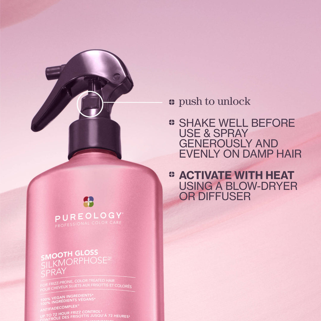 Pureology Smooth Gloss Silkmorphose Spray - push to unlock, shake, spray on damp hair and activate with heat