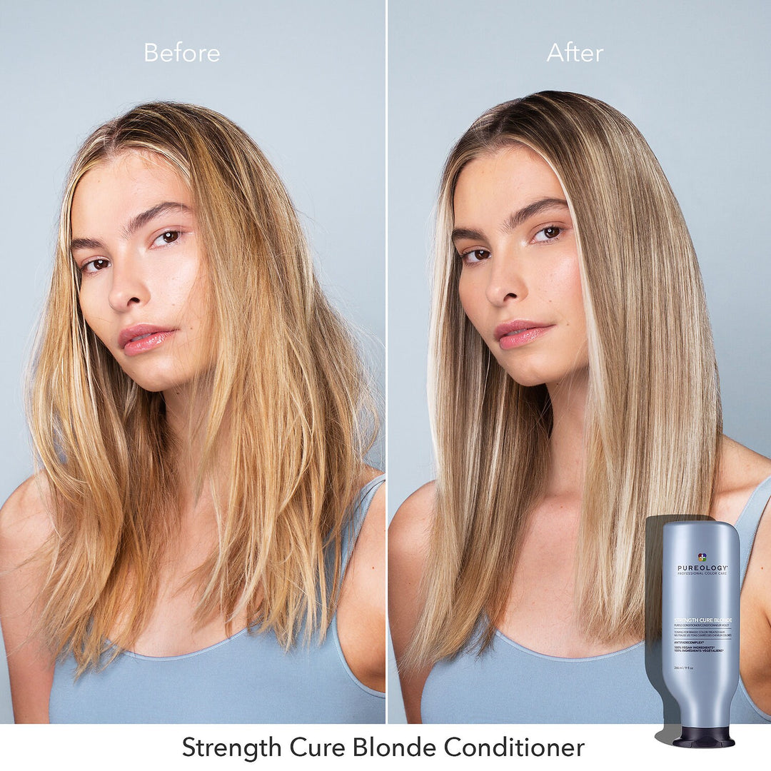 Pureology Strength Cure Blonde Purple Conditioner - before and after on brassy blonde hair