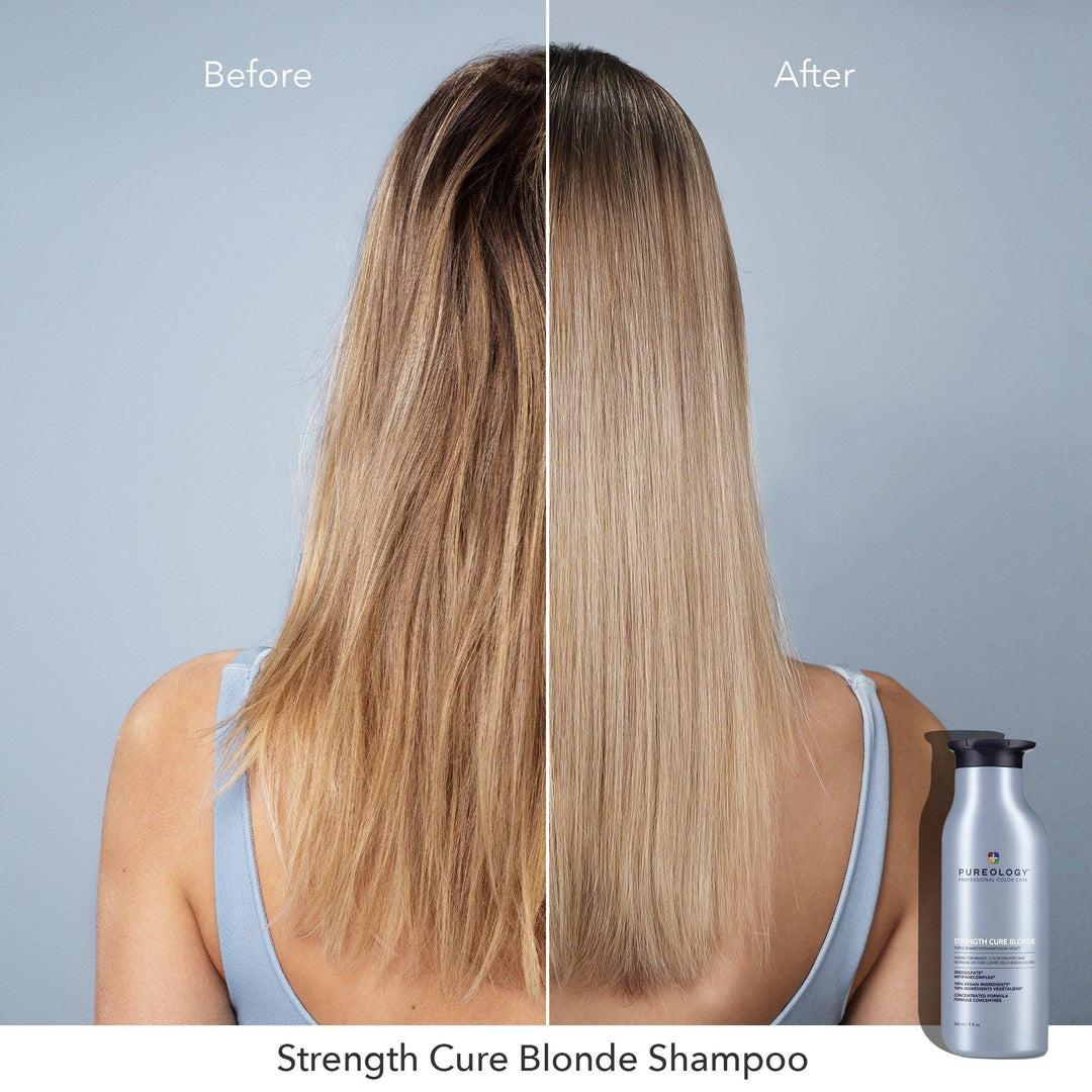 Pureology Strength Cure Blonde Purple Shampoo - before and after on brassy blonde hair