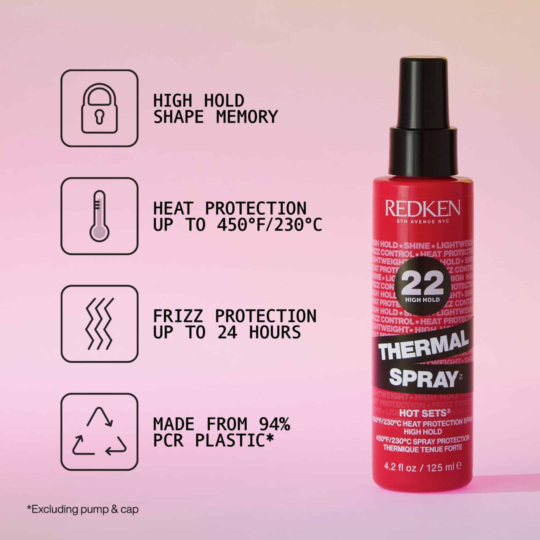 Redken Thermal Spray 22 High Hold - benefits: high hold shape memory, heat protection to 450F/230C, frizz protection