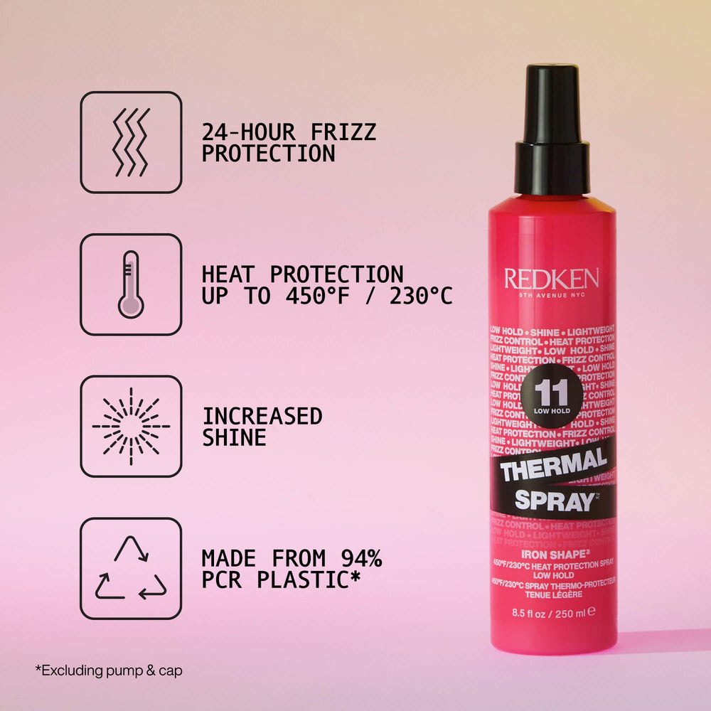 Redken Thermal Spray 11 Low Hold - benefits: frizz protection, heat protection to 450F/230C, increased shine