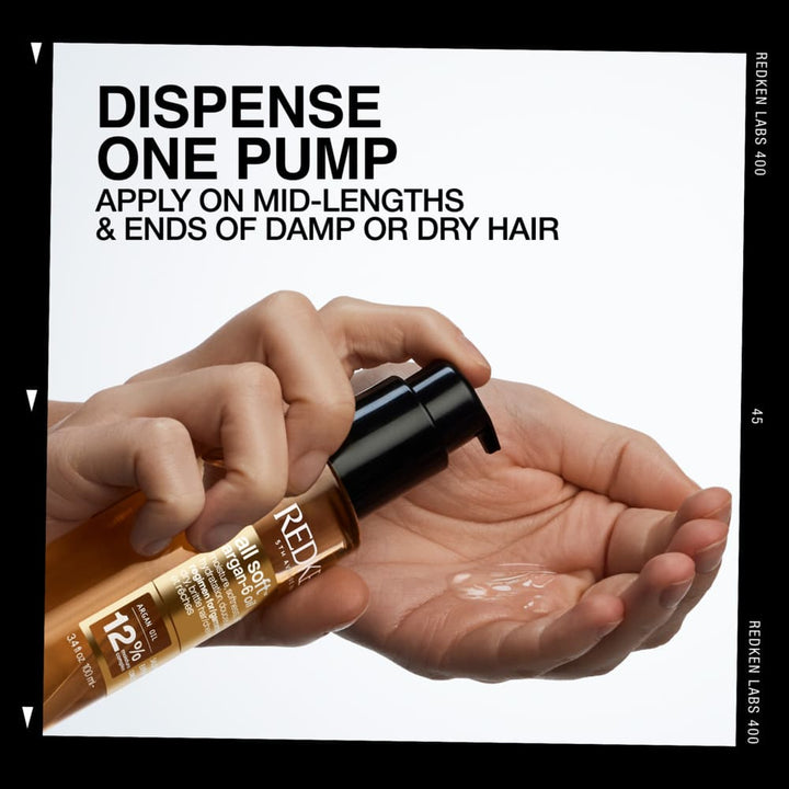 Redken All Soft Argan-6 Oil - how to use: one pump on mid-lengths and ends of damp or dry hair
