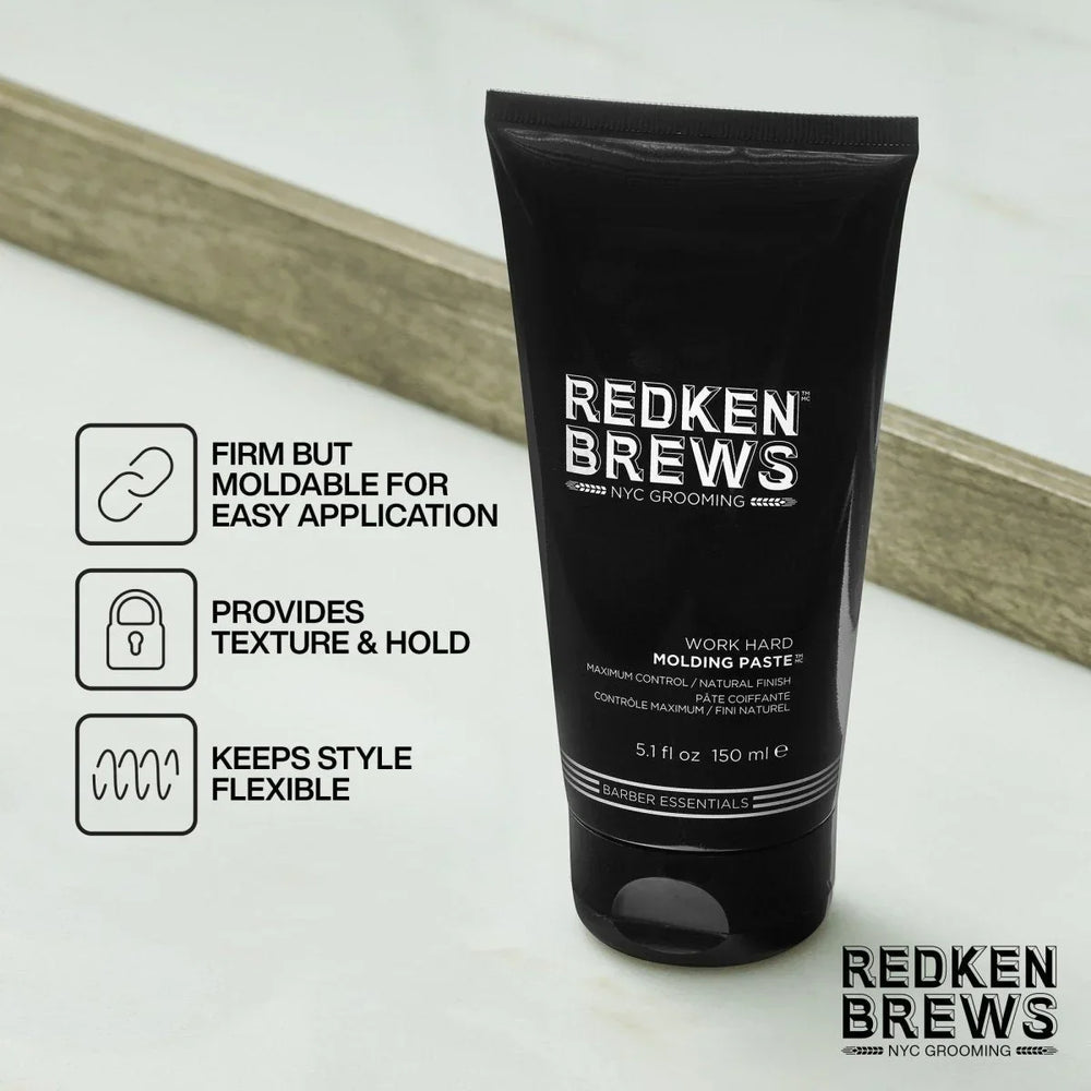 Redken Brews Work Hard Molding Paste - firm but moldable, texture and hold, keeps style flexible
