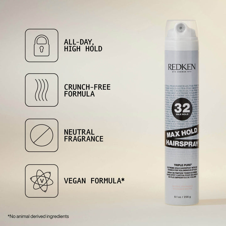 Redken Max Hold Hairspray 32 Triple Pure - all-day high hold, crunch-free, neutral fragrance
