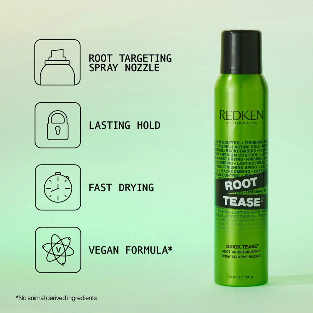 Redken Root Tease - benefits: root-targeting spray nozzle, lasting hold, fast drying, vegan formula