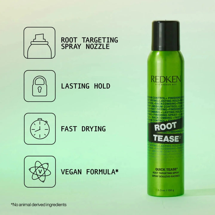 Redken Root Tease - benefits: root-targeting spray nozzle, lasting hold, fast drying, vegan formula