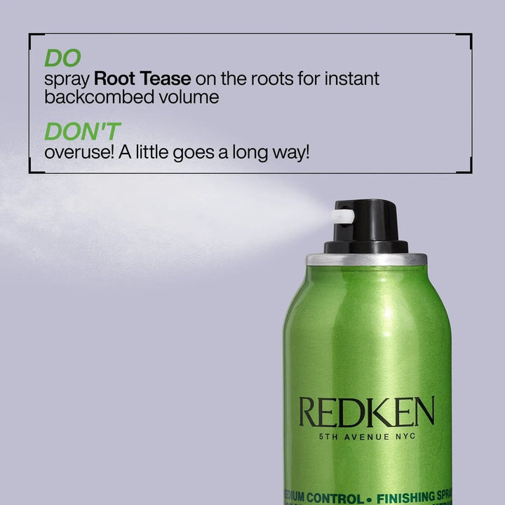 Redken Root Tease - how to use: spray on the roots for instant backcombed volume; a little goes a long way