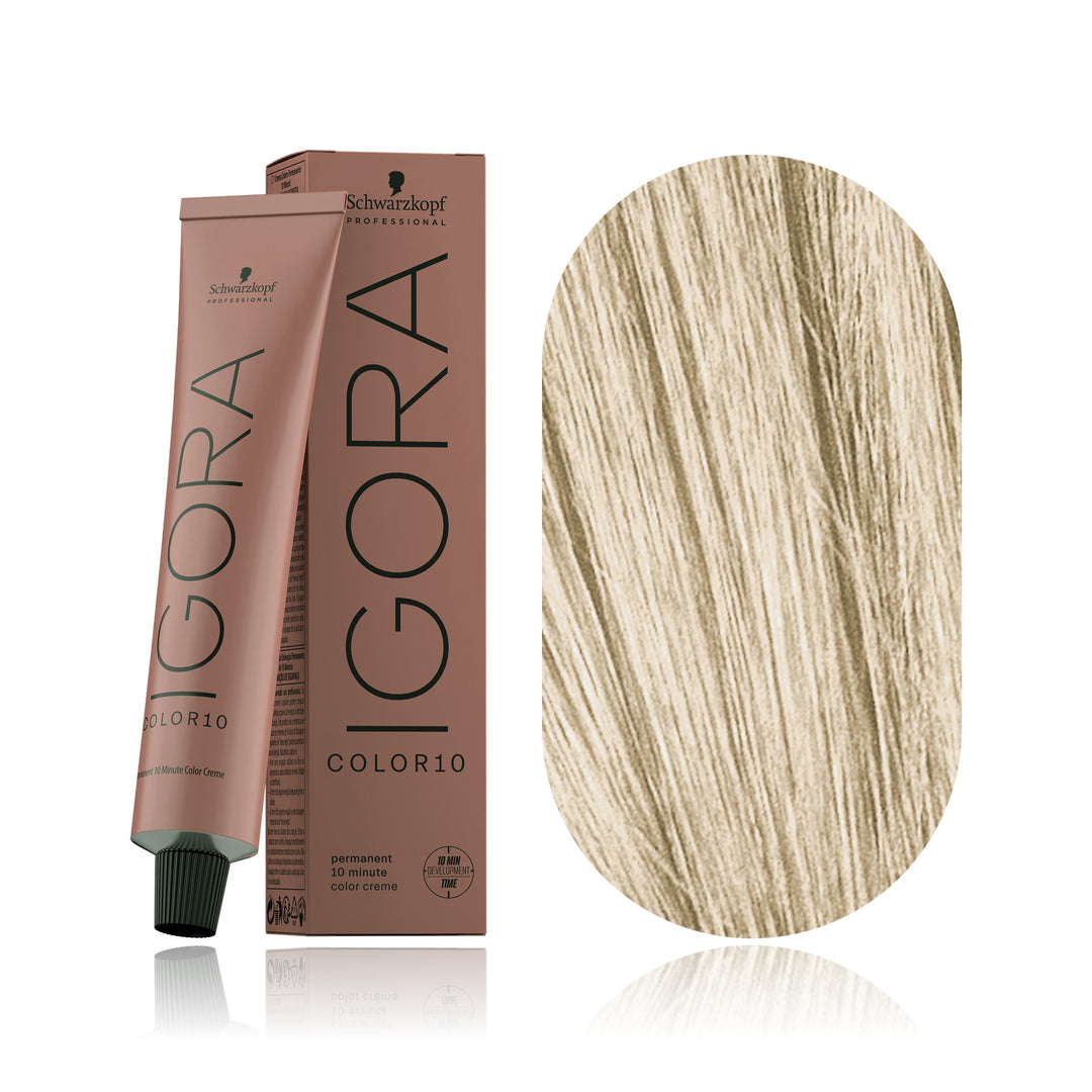 Schwarzkopf IGORA Color10 11-0 Super Blonde Natural 10-minute permanent hair color tube, box and hair swatch