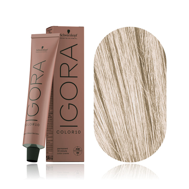 Schwarzkopf IGORA Color10 11-2 Super Blonde Ash 10-minute permanent hair color tube, box and hair swatch