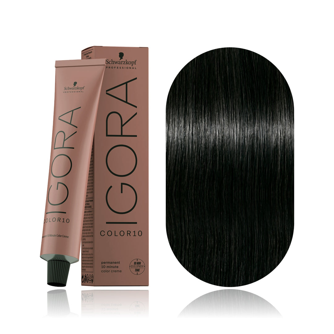 Schwarzkopf IGORA Color10 3-0 Dark Brown Natural 10-minute permanent hair color tube, box and hair swatch