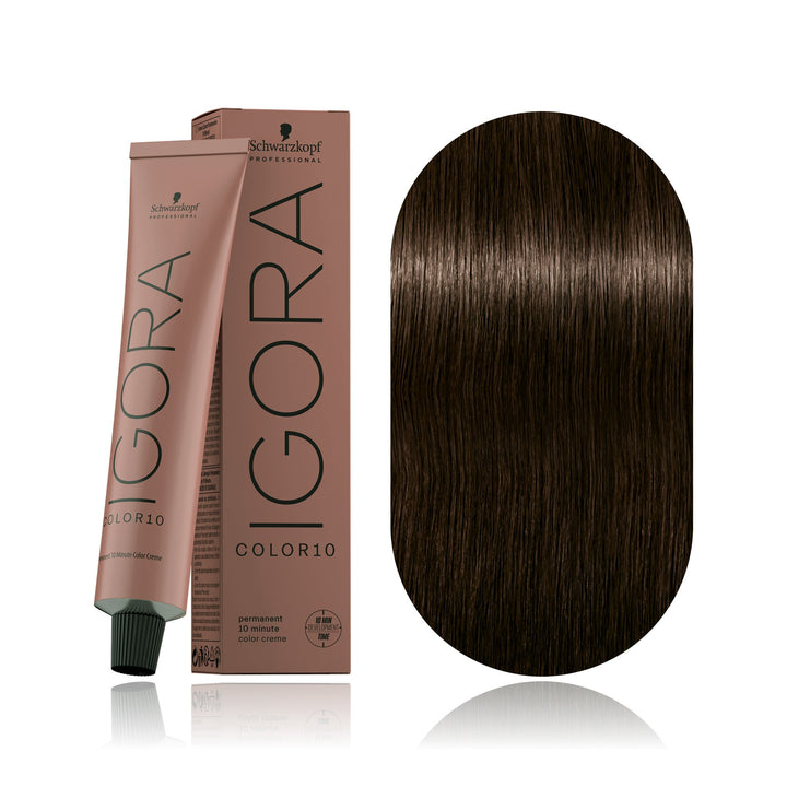 Schwarzkopf IGORA Color10 4-00 Medium Brown Natural Extra 10-minute permanent hair color tube, box and hair swatch